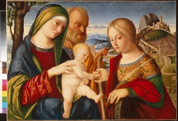 The Mystical Marriage of Saint Catherine - Maleri af Francesco di Bernardo de Vecchi Santacroce (1505-1545), olie på lærred, 47,5x67 cm - The Mystical Marriage of Saint Catherine, Olie på lærred af Francesco di Bernardo de Vecchi Santacroce - State A Push