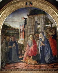 Fødsel med St. Bernard og St. Thomas Aquinas - Maleri