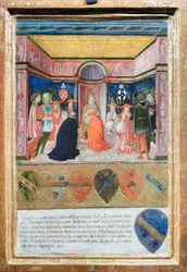 Pius II udnævner sin nevø Francesco Tedeschini Piccolomini til kardinal, ca. 1485-90 (tempera og guld på panel)