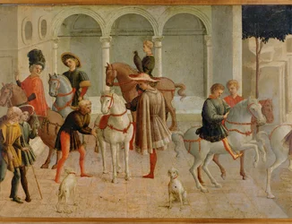 Kavalerer i retssalen hos Gualtieri di Saluzzo (tempera på træ)