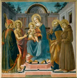 Jomfruen og barnet mellem Sankt Zenobia, Sankt Johannes Døberen, Sankt Antonius Abbe og Sankt Frans ...