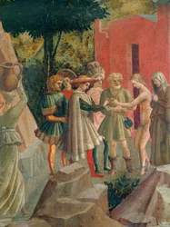 Saluzzo kommer for at hente sin kommende brud hos hendes forældre (tempera på træ)