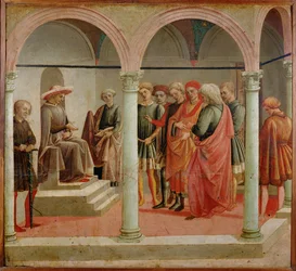 Tribunal-scene (tempera på træ)