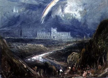 Udsigt fra en bjergskråning over en fjern by og katedral, (sandsynligvis Exeter), med en flod i forgrunden