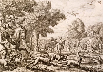 Otterjagt ved en flod, graveret af Wenceslaus Hollar, 1671