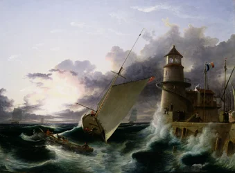 Båd ved et fyrtårn, en storm går af (olie på lærred)