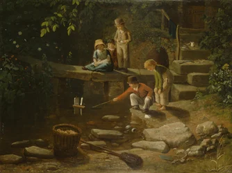 Dreng, der sejler en lille båd (olie på panel)