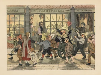 Fyrværkeributik - Victorianske børn trækker en Guy i en vogn på Guy Fawkes-aftenen foran L. Squiblings fyrværkeributik. Kromolitografi efter en illustration af Francis Donkin Bedford fra Edward Verrall Lucas