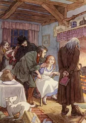 Illustration til The Cricket on the Hearth af Charles Dickens (farvelitografi)