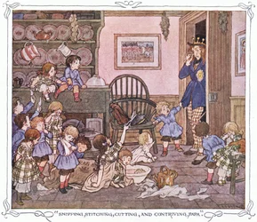 "Snipping, stitching, cutting and contriving, Papa", fra The Magic Fishbone, udgivet af Warne  Co, ca. 1940 (farvelitografi)