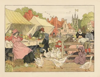 Victorianske børn køber grøntsager, jager gæs og prikker til grise på et landsbymarked. Kromolitografi efter en illustration af Francis Donkin Bedford fra Edward Verrall Lucas