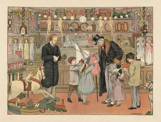 Victorianske børn vælger legetøj sammen med deres onkel i en legetøjsbutik. Kromolitografi efter en illustration af Francis Donkin Bedford fra Edward Verrall Lucas