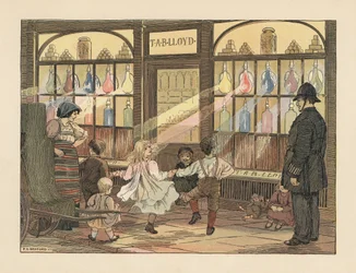 Victorianske børn danser foran et apotek, mens en politimand ser på. Kromolitografi efter en illustration af Francis Donkin Bedford fra Edward Verrall Lucas