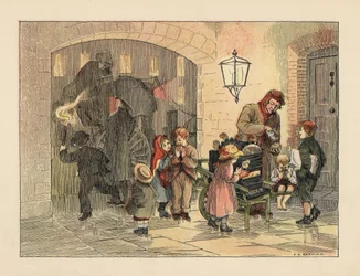 Victorianske børn spiser varme kartofler fra den varme kartoffelmand. I baggrunden stiger folk med paraplyer om bord på en bus i regnvejr. Kromolitografi efter en illustration af Francis Donkin Bedford fra Edward Verrall Lucas