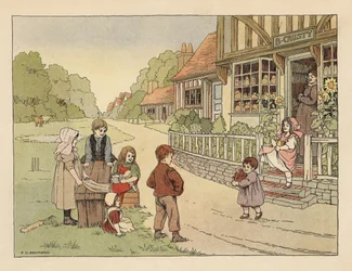 Victorianske børn uden for landsbyens bageri B. Crusty. Kromolitografi efter en illustration af Francis Donkin Bedford fra Edward Verrall Lucas