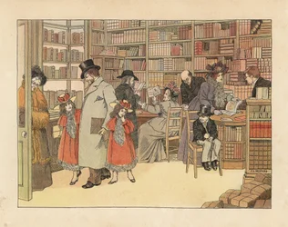 Victorianske kunder i en boghandel. Kromolitografi efter en illustration af Francis Dorkin Bedford fra Edward Verrall Lucas