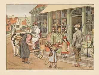 Victoriansk familie hos Henry Hoop, landsbyens jernhandler. Kromolitografi efter en illustration af Francis Donkin Bedford fra Edward Verrall Lucas