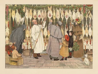 Victoriansk familie vælger en kalkun til jul hos fjerkræslagteren. Slagter i kittel med en krog fjerner en fugl. Kromolitografi efter en illustration af Francis Donkin Bedford fra Edward Verrall Lucas