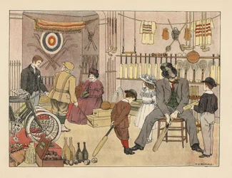 Victoriansk far og børn køber cricketbat i en sportsforretning. Golfspiller i plus fours med en ekspedient. Kromolitografi efter en illustration af Francis Donkin Bedford fra Edward Verrall Lucas