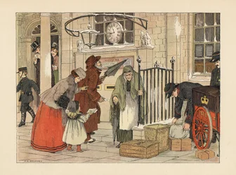 Victorianske mennesker poster breve nær juledag på posthuset. Kromolitografi efter en illustration af Francis Donkin Bedford fra Edward Verrall Lucas