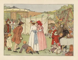 Victorianske unge ved en kokosnød, børn på gynger og karrusel ved et landsbymarked. Kromolitografi efter en illustration af Francis Donkin Bedford fra Edward Verrall Lucas
