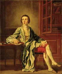 Portræt af Joseph Henry fra Straffan, Co. Kildare, i fuld længde, siddende ved et bord og skrive et brev, i en blå frakke, gul vest og røde ridebukser, ved siden af en reol