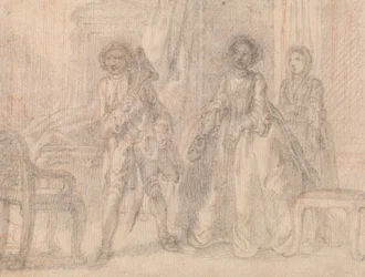 Scene fra et teaterstykke, muligvis Benjamin Hoadleys "The Suspicious Husband"