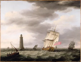 En krigsmand passerer Eddystone Fyrtårn, ca. 1773