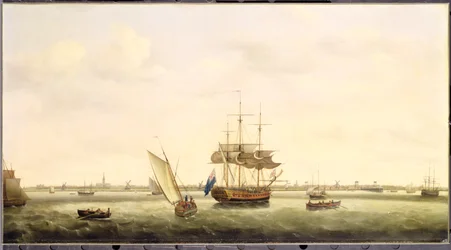 Fregatten "Surprise" for anker ud for Great Yarmouth, Norfolk, ca. 1775