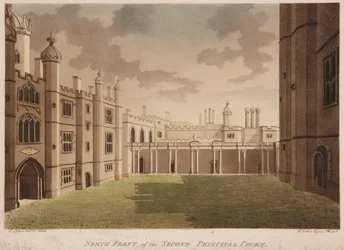 North Front of the Second Principal Court (håndfarvet radering og akvatint)