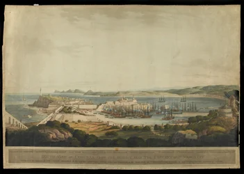 South View of Corunna from the Heights near the Convent of St. Margaret, graveret af H. Merke, udgivet i 1809 (farvet akvatint)