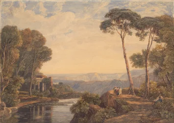 Landskab med et tempel og figurer ved en flod