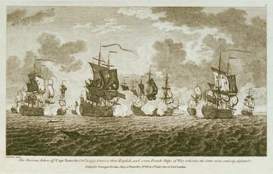 Tolv billeder af søslag. The Glorious Action off Cape Francois Octr 21 1757, between the English, and seven French ships of War wherin the latter were entirely defeated. (radering)