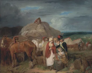 Soldat med landkvinder, der sælger bånd, nær en militærlejr