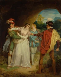Valentine redder Sylvia fra Proteus, fra Shakespeares "The Two Gentlemen of Verona," Act V, Scene 4, The Outlaws