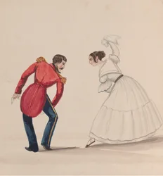 En peruviansk mand og kvinde, der danser Zamacueca, fra en gruppe tegninger, der viser..., ca. 1848.