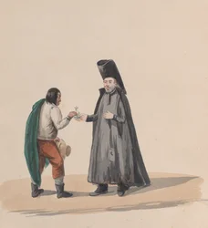 En kanon, der overrækker et krucifiks til en mand, fra en gruppe tegninger, der viser peruviansk kostume, 1848.