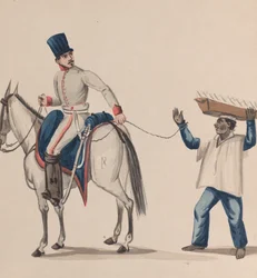En soldat til hest, der holder et reb, der sikrer en indfødt slave, der balancerer en tallerken..., ca. 184