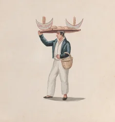En tortillasælger, der balancerer en bakke på hovedet, fra en gruppe tegninger, der forestiller peruansk..., ca.