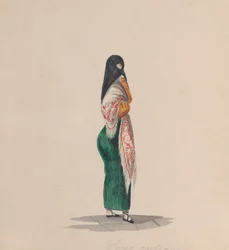 En kvinde iført saya stående i profil, fra en gruppe tegninger, der forestiller peruansk..., ca.184