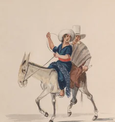 En indisk mand og kvinde, der rider på et æsel, fra en gruppe tegninger, der forestiller peruansk..., ca. 1848.
