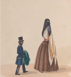 En elegant klædt kvinde og hendes side, fra en gruppe tegninger, der forestiller peruansk..., ca. 1848.