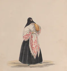 En elegant klædt kvinde, fra en gruppe tegninger, der forestiller peruviansk kostume, ca. 1848.