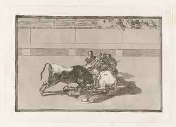 Fald af en picador fra hans hest under tyren (A Picador er unhorsed og falder under tyren), plade 26 fra La tauromaquia
