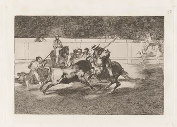 Den anstrengende Rendon, der bider en tyr, hvis skæbne døde han af? en la plaza de Madrid (Den kraftfulde Rendon stikker en Tyr med Piquén, hvorfra han døde i Ringen af ​​Madrid), Tavle 28 fra La tauromaquia
