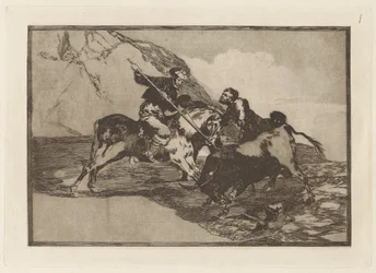 Hvordan jagtede de gamle spaniere tyrene? hest i marken (Måden hvorpå de gamle spaniere jagede tyre på hesteryg i det åbne land), tavle 1 fra La tauromaquia