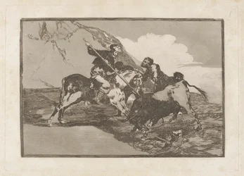 Hvordan jagtede de gamle spaniere tyrene? hest i marken (Måden hvorpå de gamle spaniere jagede tyre på hesteryg i det åbne land), tavle 1 fra La tauromaquia
