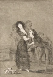 Plade 27 fra Los Caprichos: Hvilken af dem er den mest overvundne Quien mas rendido, 1799.