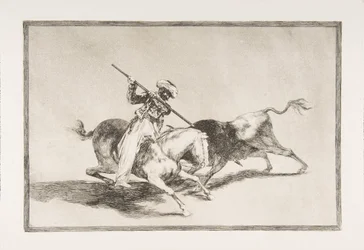 Tavle 5 fra »La Tauromaquia«: Den fyrige maurer Gazul er den første til at spidde tyre i overensstemmelse..., 1816.