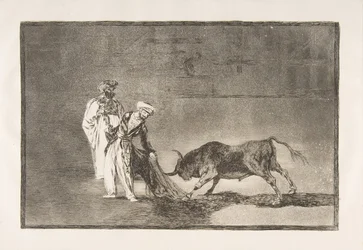Tavle 6 fra «Tauromachien»: Maurerne udfører en anden leg i arenaen og kalder på tyren med deres burnus, 1816.